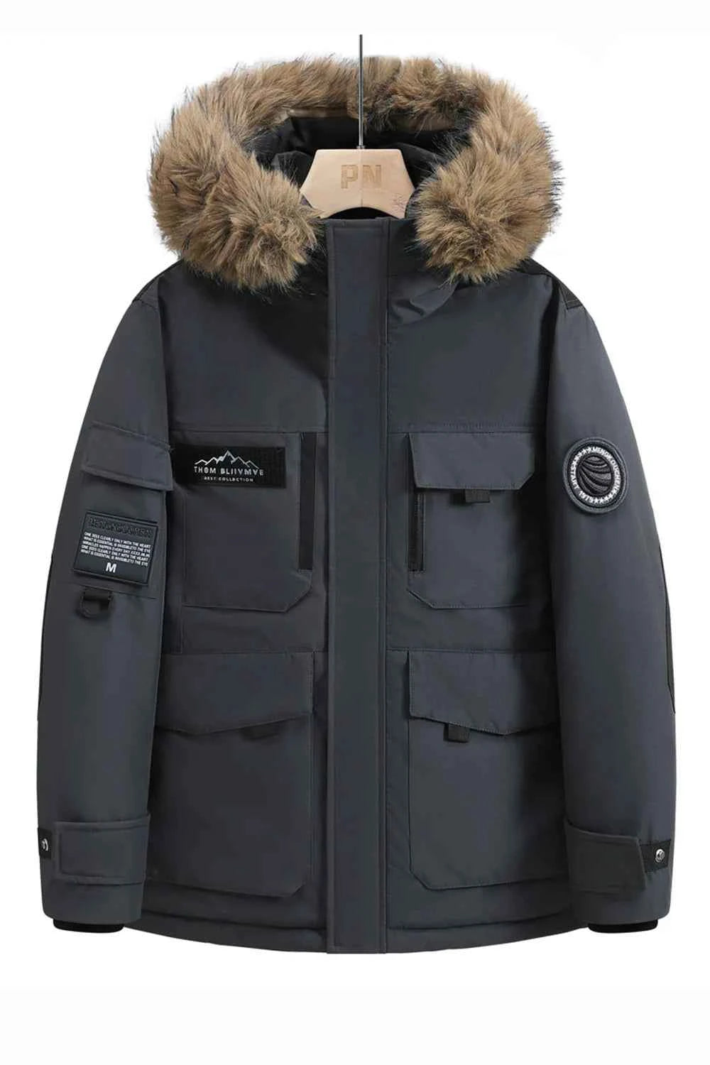 New winter jackets for men with hoods and leather collars. New high-quality waterproof jackets for men. Casual and warm jackets