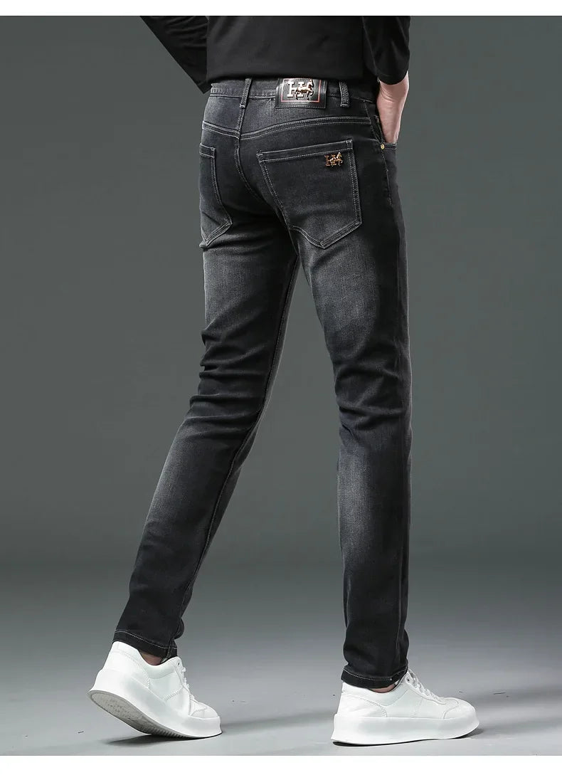H Home Autumn/Winter Thickened European Style High-End Jeans Men's Trendy Brand Slims Smooths Your Silhouette Small Footed Trend