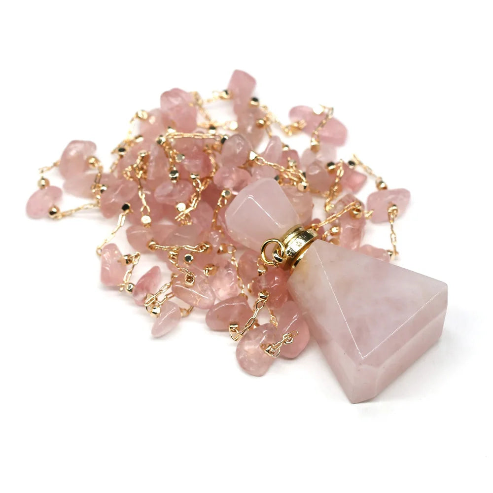 Natural Stone Rose Quartz Perfume Bottle Essential Oil Diffuser Reiki Healing Exquisite Necklace Jewelry Gift - AMULET RING STORE