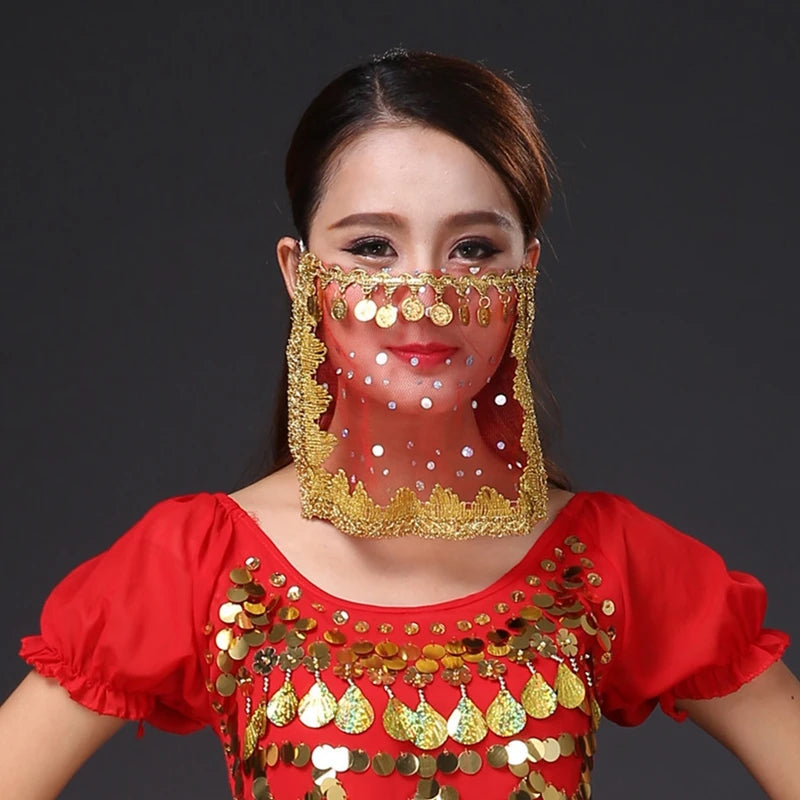 Children Womens Belly Dancer Coins Face Veil Indian Classical Bollywood Dress Girls Belly Dance Stage Performance Accessories - AMULET RING STORE