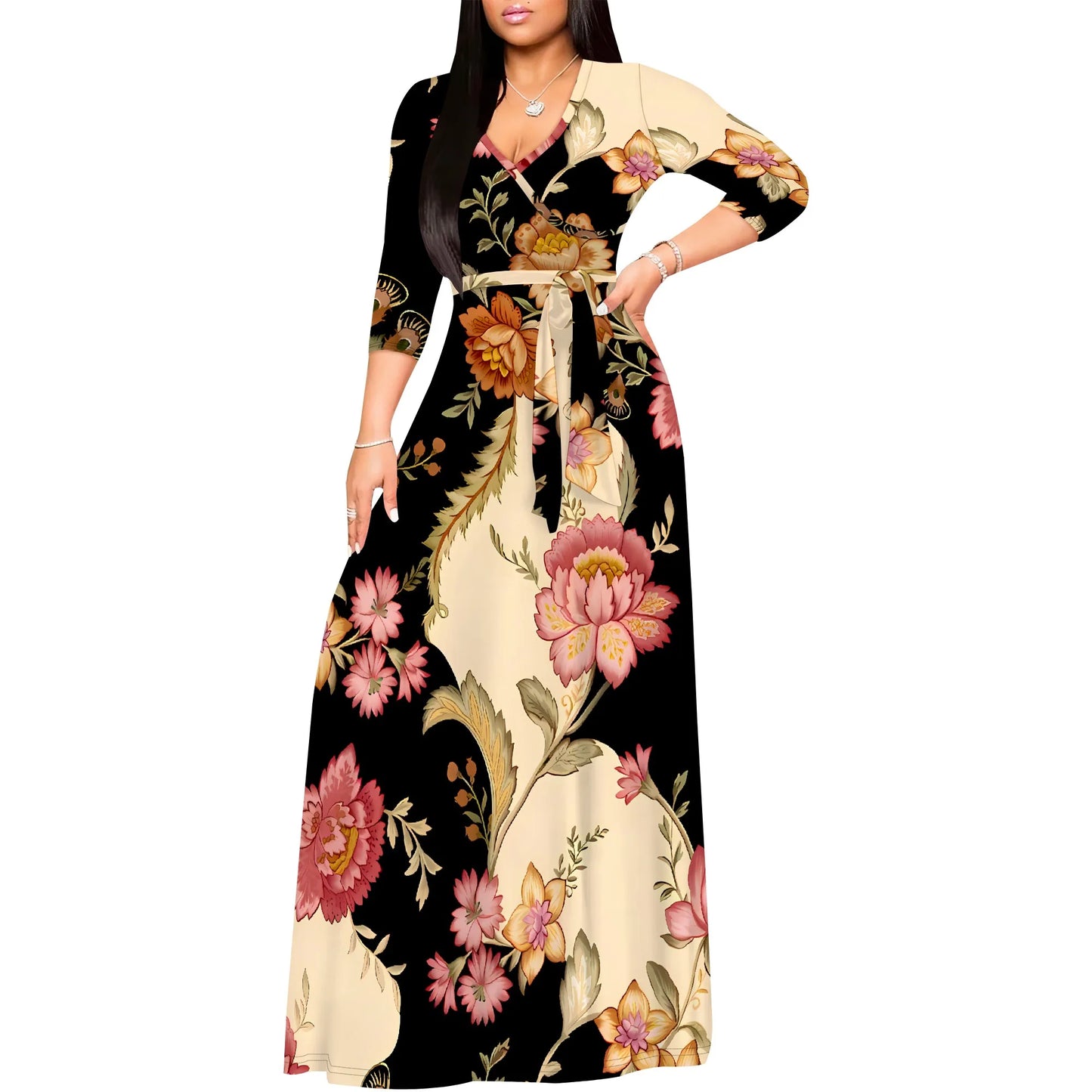 Floral V-Neck 3/4 Sleeve Wrap Maxi Dress with Belt - Women's Bold Elegant Party Evening Resortwear Date Night