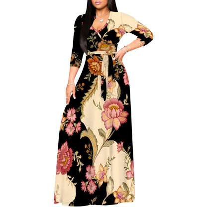 Floral V-Neck 3/4 Sleeve Wrap Maxi Dress with Belt - Women's Bold Elegant Party Evening Resortwear Date Night