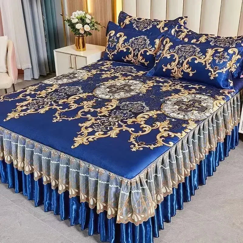 3Pcs/Lot Double Bed Sheet Set Classic Lace Royal Blue Bed Sheet Bed Skirt