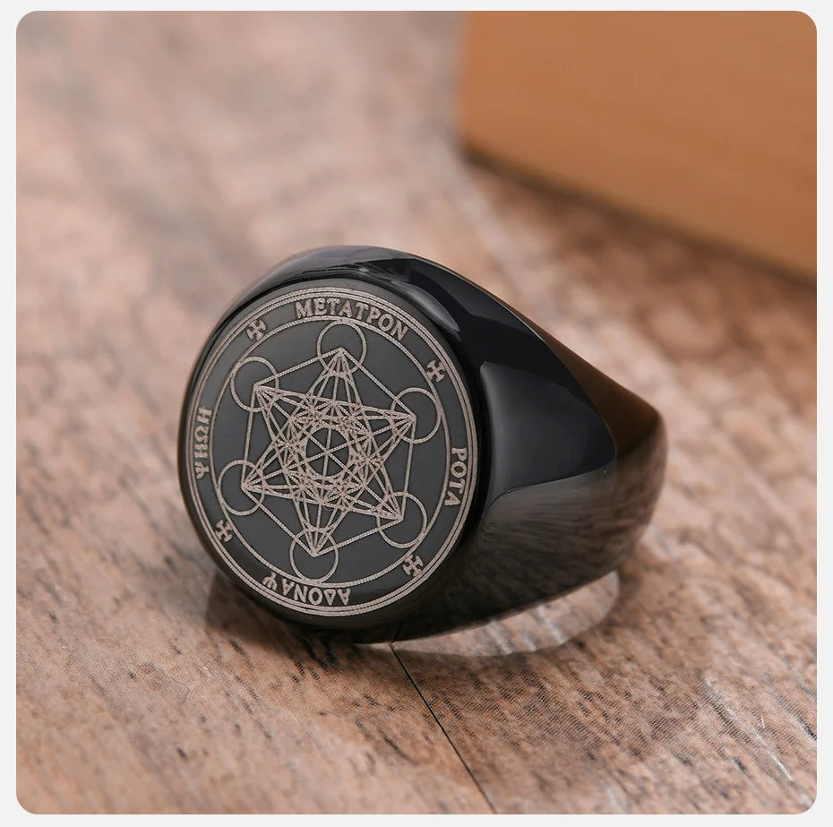 Vnox Seven Seals of Angels Rings for Men, Round Top Stamp Finger Band, Metatron Cube Stamp Ring, Chunky Punk Jewelry