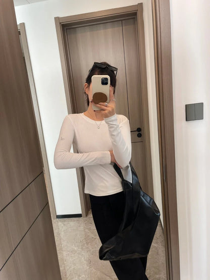 Women's Sports Quick Drying Fitness Yoga Top Simple Black White Long Sleeved Threaded T-shirt Fashion Solid Color Cotton T-shirt