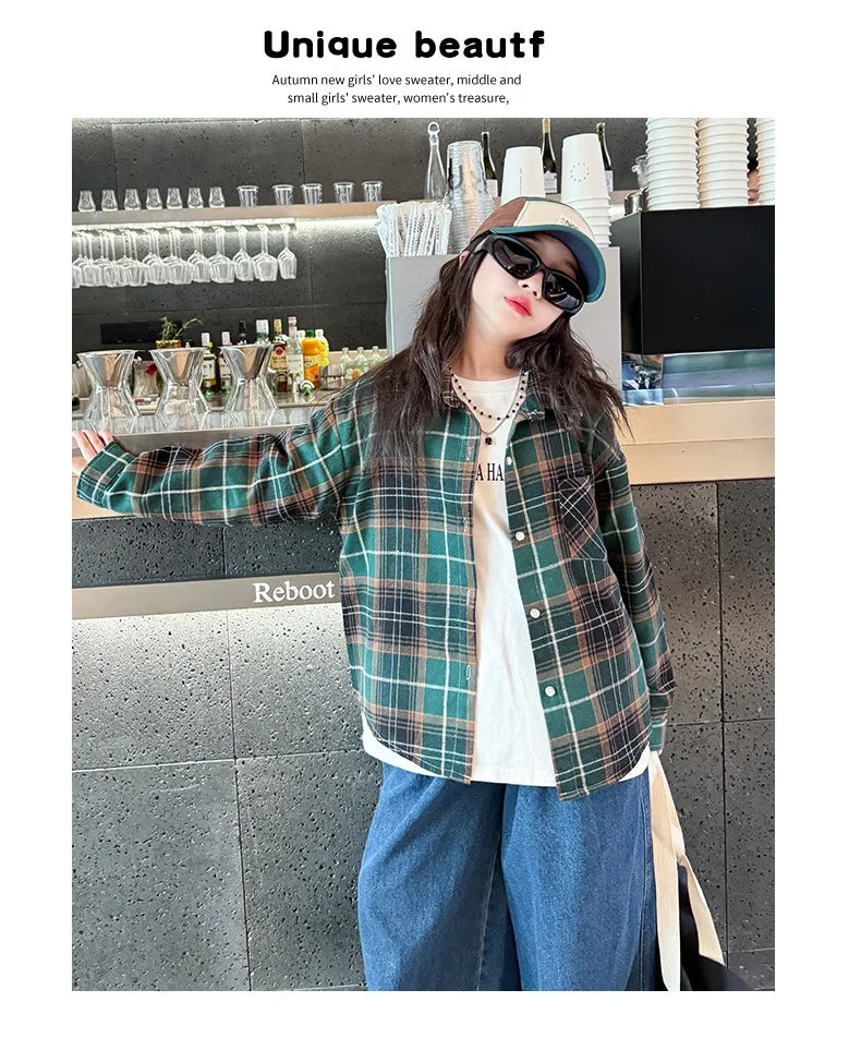 2025 Spring Girls Plaid Shirt Comfort Fashion Teen Kids Tops Clothes Casual All-match Long Sleeve Children Blouse 10 12 13 Years