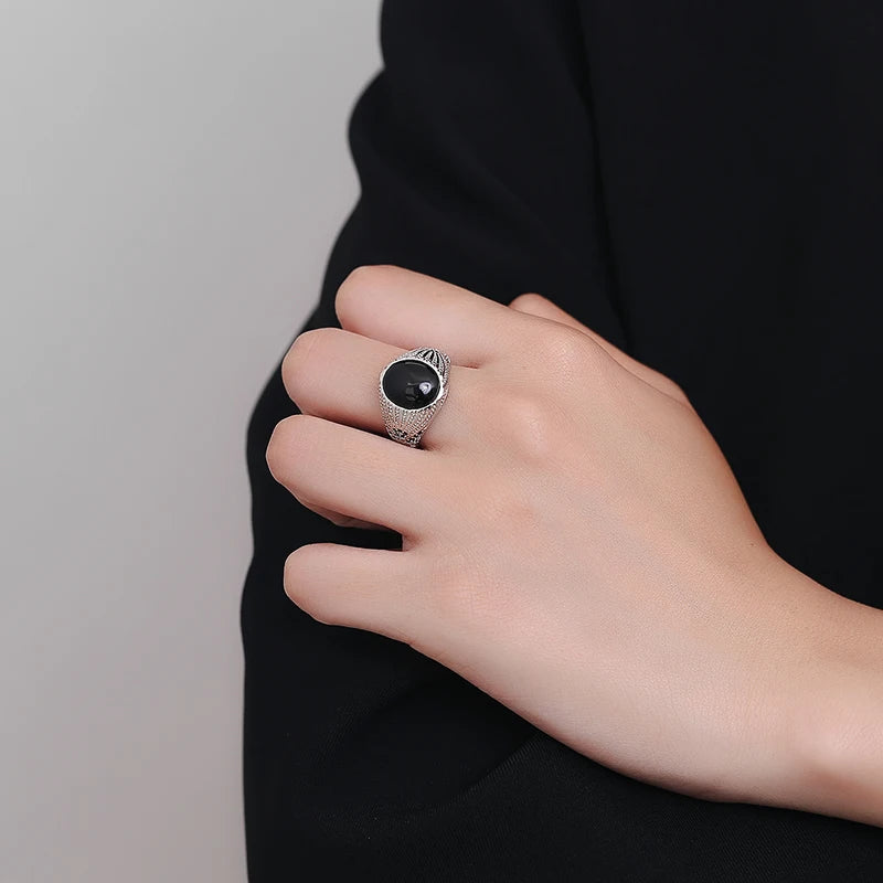 Silver Jewelry Ring Natural Oval Rectangle Big Black Agate Stone Vintage Ring For Women Party Anniversary Gifts Fine Jewelry