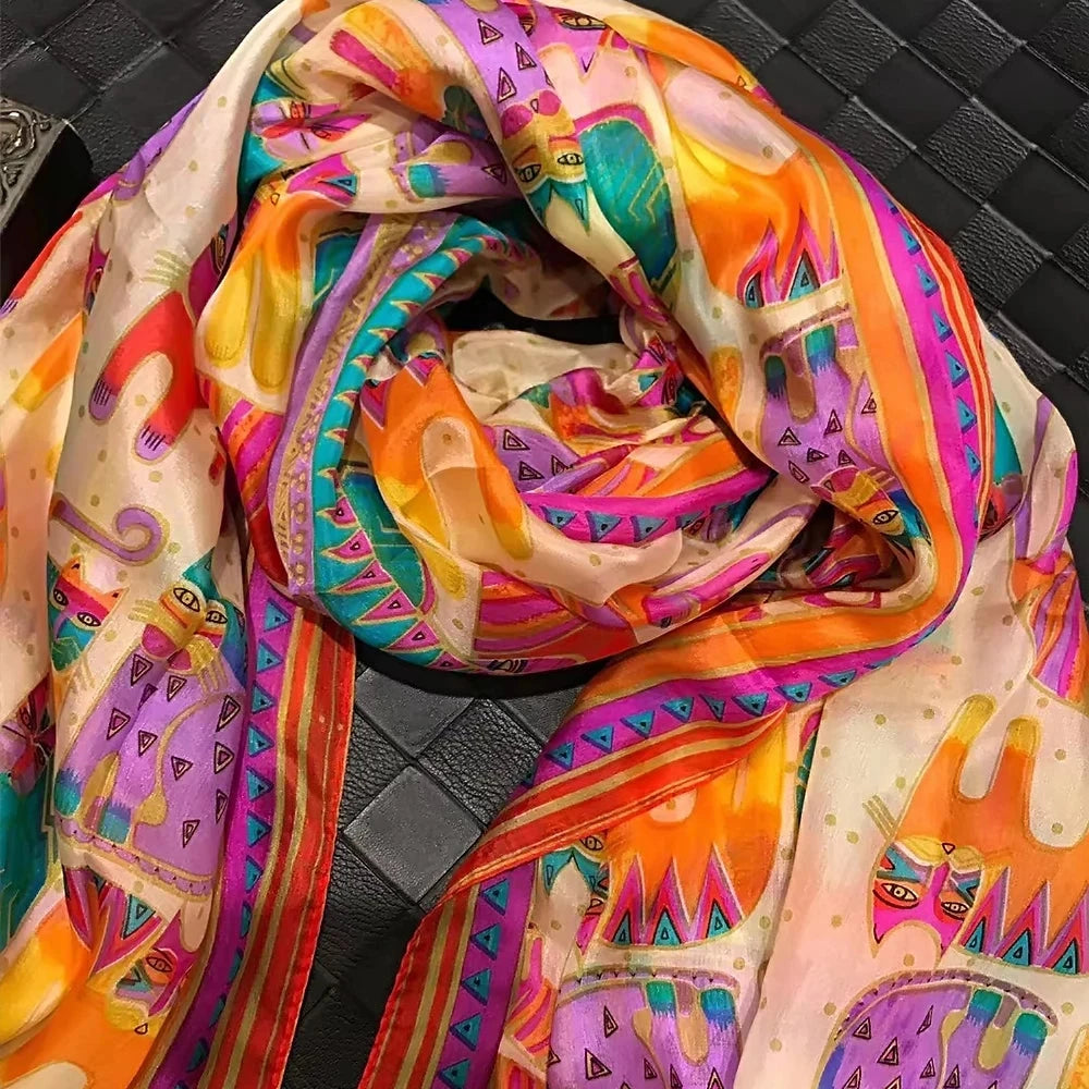 Brand Beige Cartoon Cat 100% Silk Scarf Shawl Bufanda Women Spring Fall Fashion Large Size Winter Long Scarves Bufanda 180*110cm