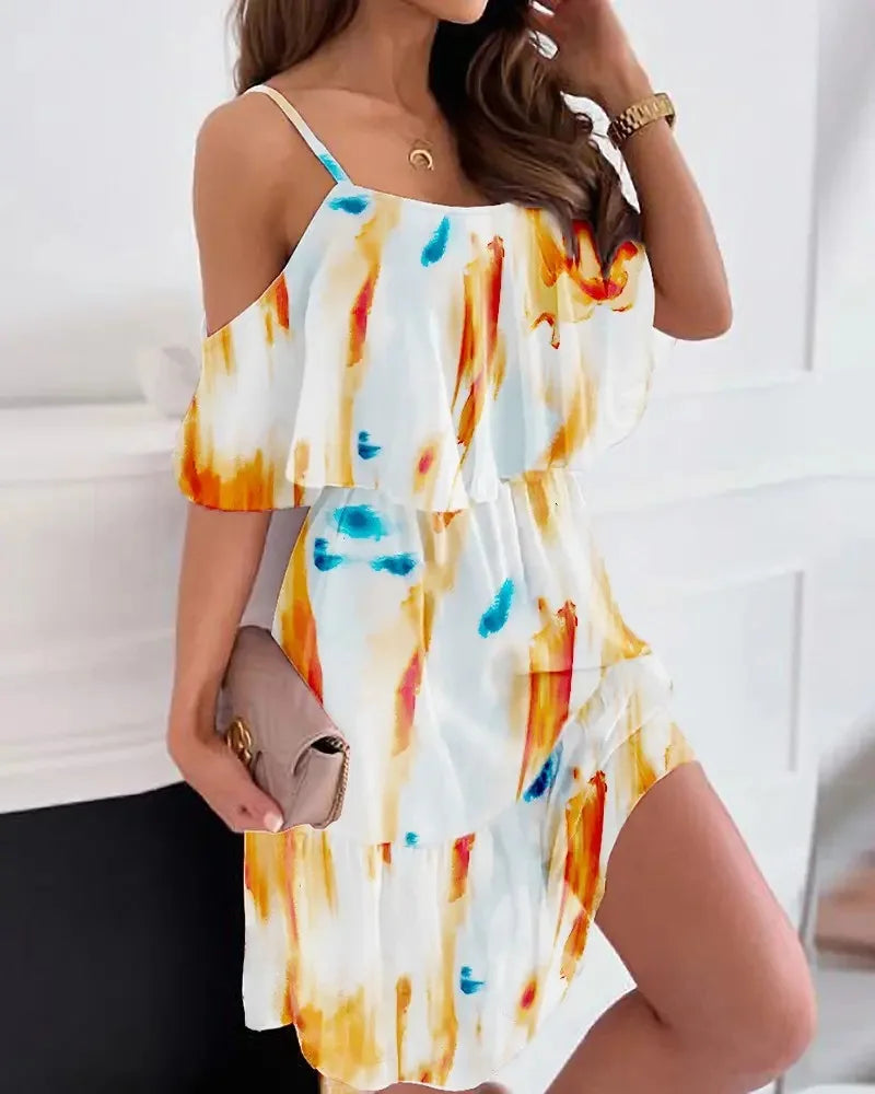 Woman Floral Print Dress Summer Spaghetti Strap Off Shoulder Sleeveless Dresses Holiday A-Line Mesh Fabric Party Dress Vestidos - AMULET RING STORE