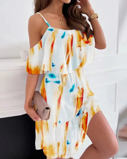 Woman Floral Print Dress Summer Spaghetti Strap Off Shoulder Sleeveless Dresses Holiday A-Line Mesh Fabric Party Dress Vestidos - AMULET RING STORE