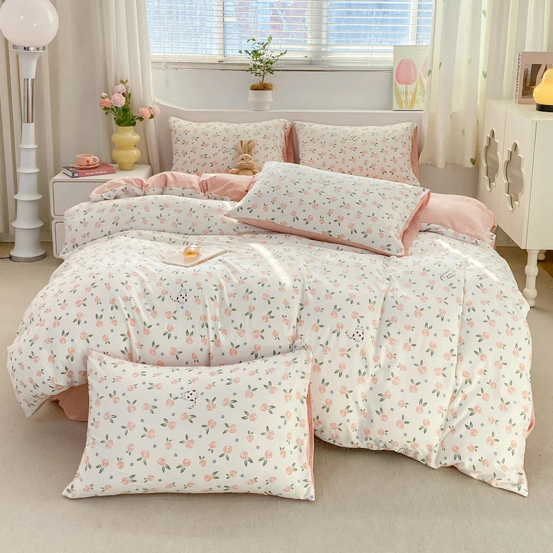 Korean Retro Floral Bedding Set 100% Washed Cotton Bed Sheets Set Soft Duvet Cover Bed Linen Pillowcase Single Double Queen King - AMULET RING STORE