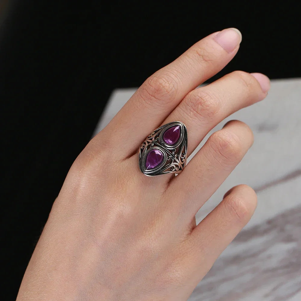 Luxury Vintage Ring Natural Amethyst Rings S925 Silver Jewelry Wedding Anniversary Party Ring Gifts for Women