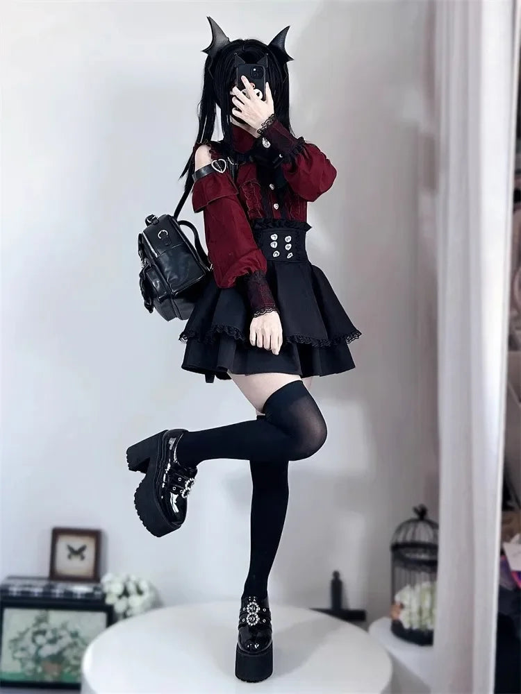 Sweet Gothic Lolita Two Piece Set, Off Shoulder Blouse + High Waist Skirt, Kawaii Tri-color Lace Coord Outfit for Women & Teens