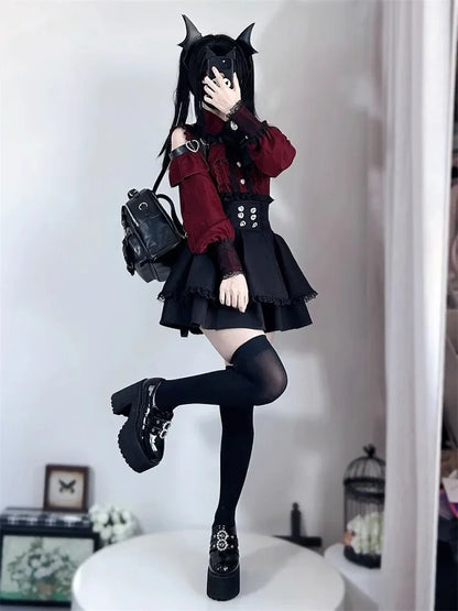 Sweet Gothic Lolita Two Piece Set, Off Shoulder Blouse + High Waist Skirt, Kawaii Tri-color Lace Coord Outfit for Women & Teens