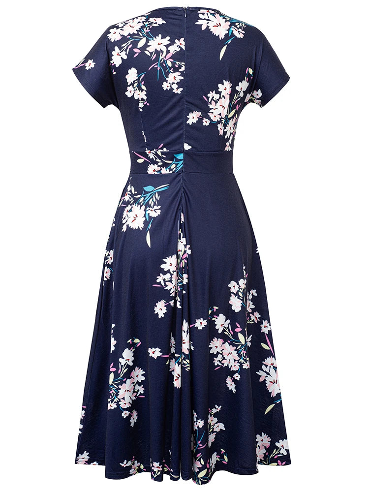 Nice-forever Vintage Elegant Floral Print Pleated Round neck vestidos A-Line Pinup Business Party Women Flare Swing Dress A102