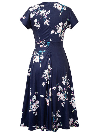 Nice-forever Vintage Elegant Floral Print Pleated Round neck vestidos A-Line Pinup Business Party Women Flare Swing Dress A102