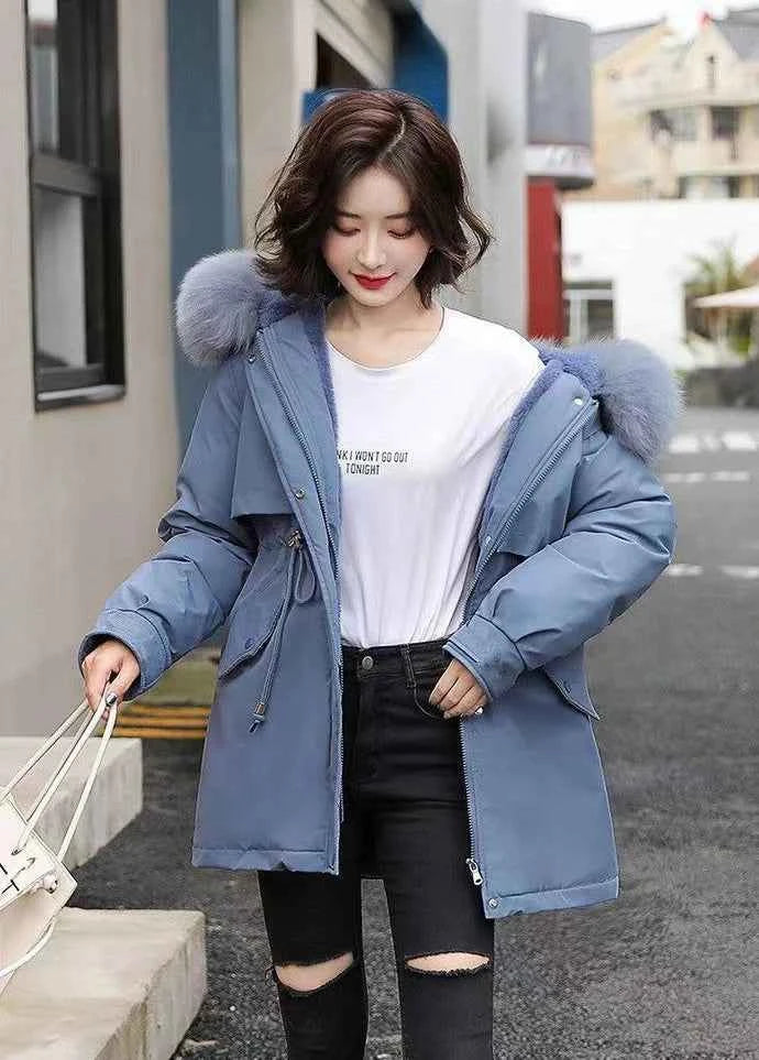2025 Winter Women's Parka Cotton Padded Coat Korean Style Mid Length Waist Cinching Thickened for Cold Suitable for Short Girls