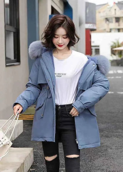 2025 Winter Women's Parka Cotton Padded Coat Korean Style Mid Length Waist Cinching Thickened for Cold Suitable for Short Girls
