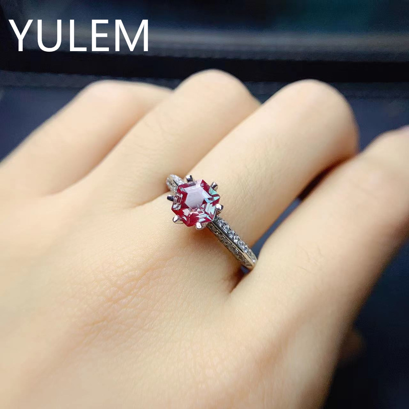 YULEM Hexagon 6x6mm Alexandrite Stone with Silver 925 Simple Design Wedding Ring Luxury Engagement Ring