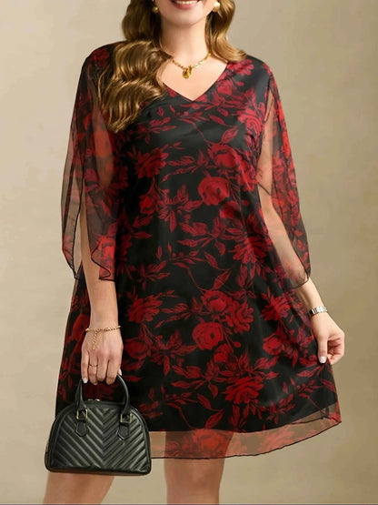 Boho Floral Print Maxi Dress - Layered Mesh V-Neck Plus Size Women's Dress