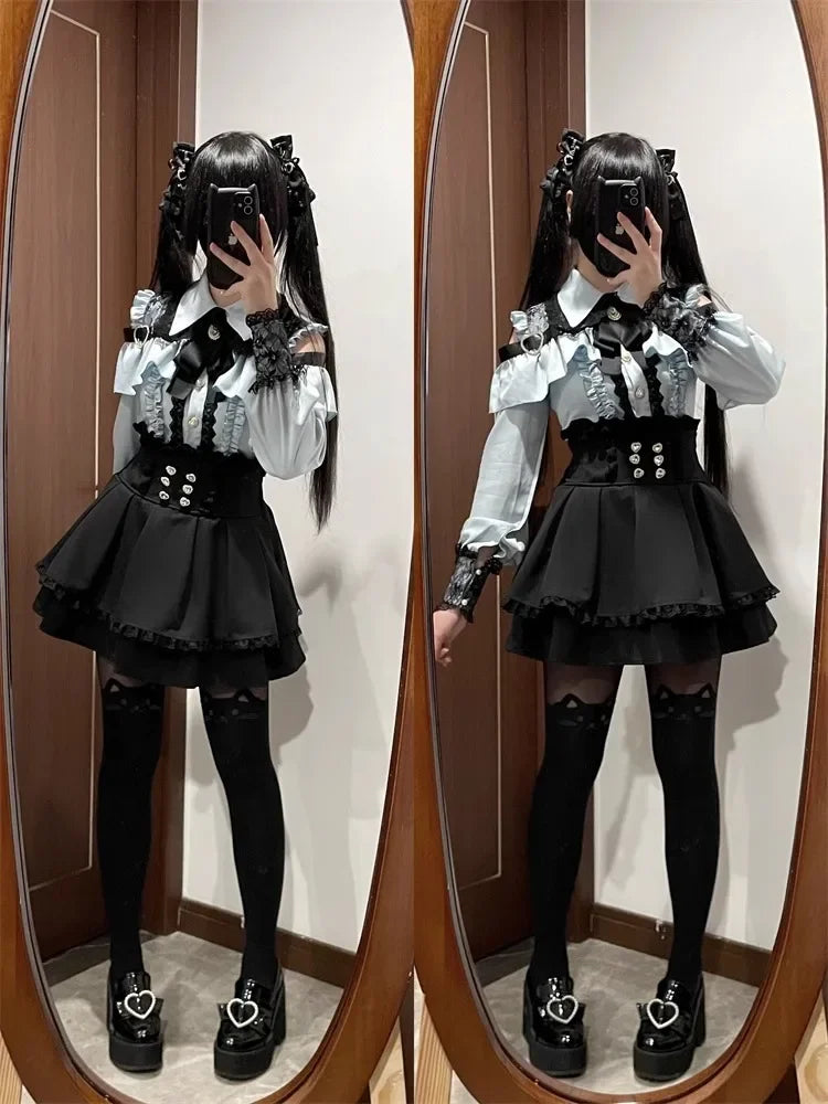 Sweet Gothic Lolita Two Piece Set, Off Shoulder Blouse + High Waist Skirt, Kawaii Tri-color Lace Coord Outfit for Women & Teens