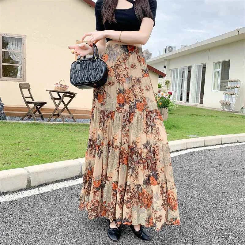 Retro Floral Pleated to Ankle f Skirt Women's Draped High Waist Midi A-Line Skirt Polyester Fiber Spring Season