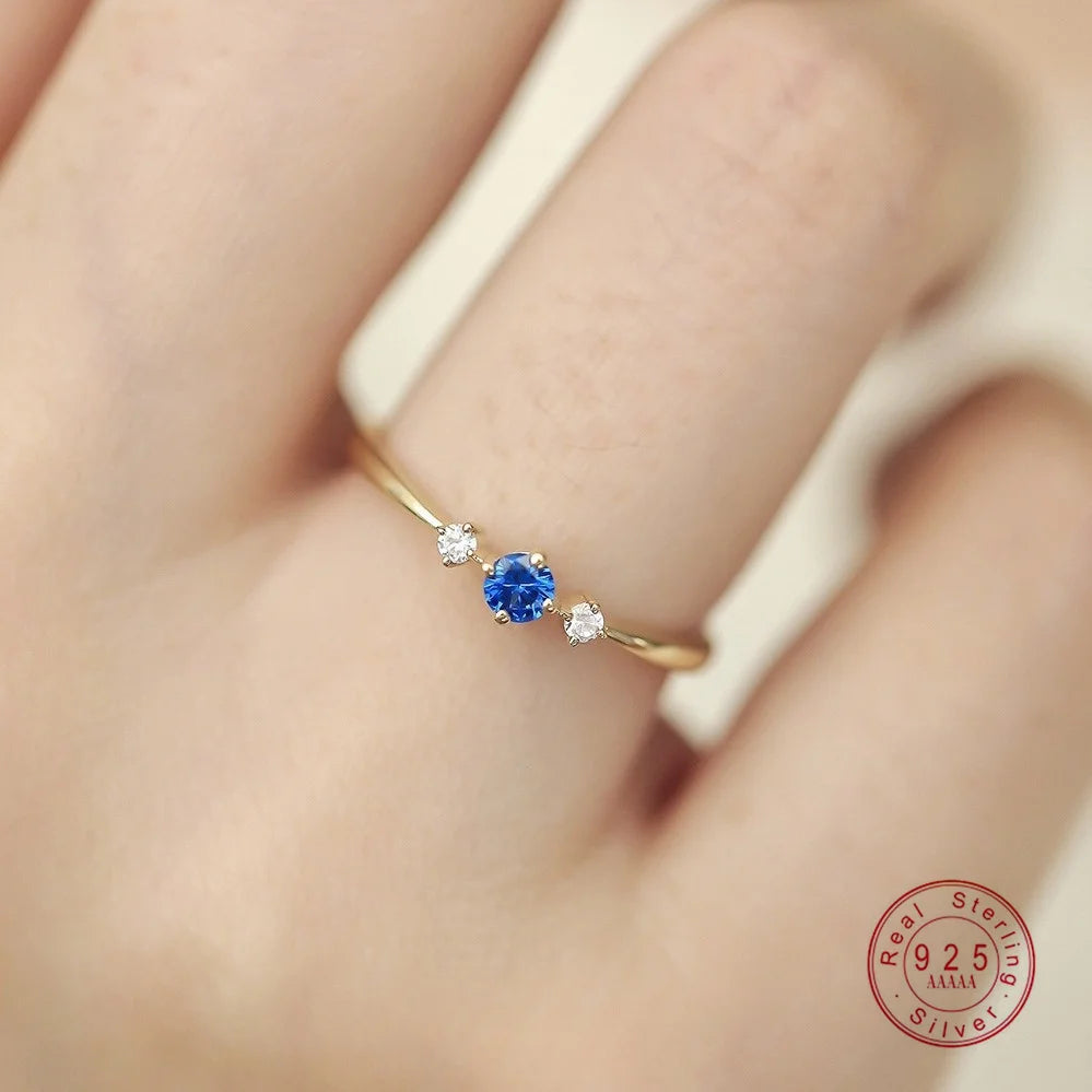 925 Sterling Silver Plated 14K Gold Blue Zircon Ring for Women  Japanese Light Luxury Party Jewelry Accessories