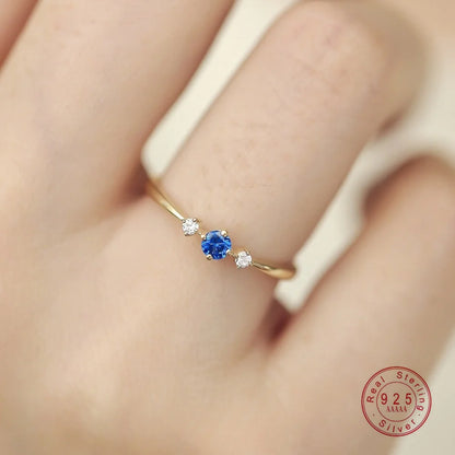 925 Sterling Silver Plated 14K Gold Blue Zircon Ring for Women  Japanese Light Luxury Party Jewelry Accessories