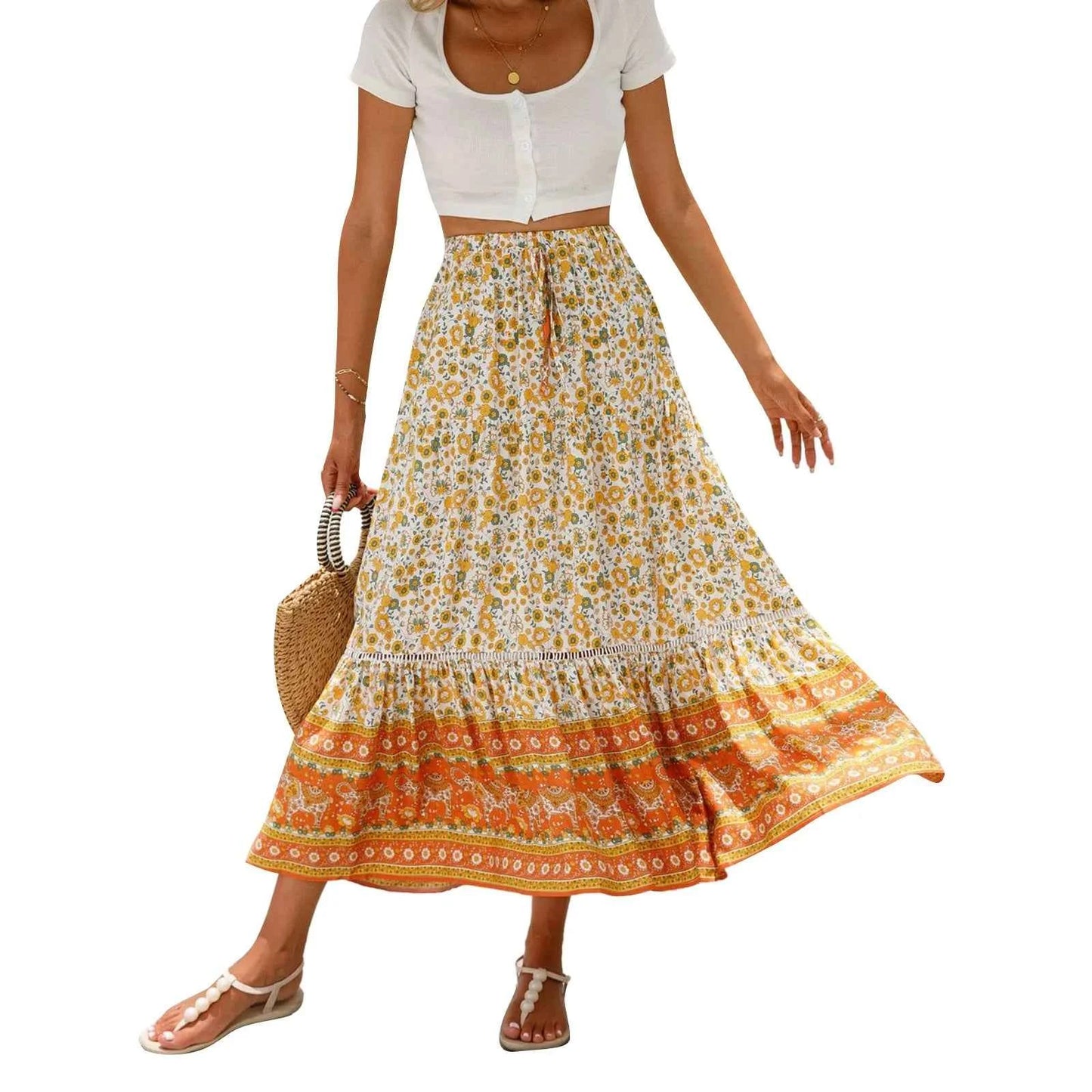 Women Long Skirt Elegant Elastic Waist Floral Flowy Summer Swing Skirt for Casual Daily