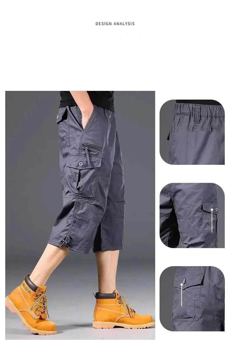 Summer Men's Cargo Shorts Loose Casual Below Knee Pants Elastic Waist Plus Size Outdoor Jogging Tactical Capri Pants