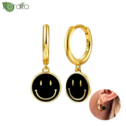 925 Sterling Silver Needle Fashion Round Pendant Small Earrings Luxury Gold Hoop Earrings for Women Premium Black Jewelry Gifts - AMULET RING STORE