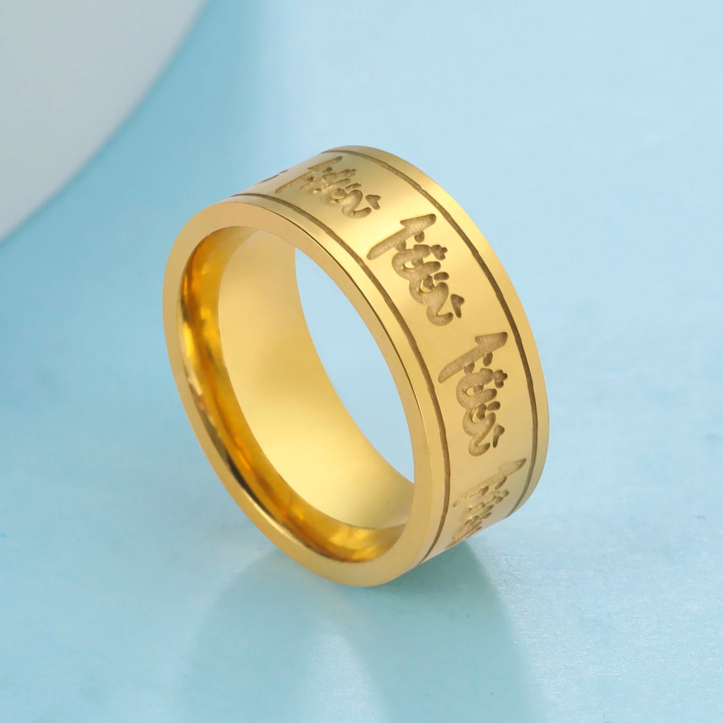 Jeshayuan Quran Rings Muslim Islamic Halal Ring Arabic God Stainless Steel 8mm Wide Religious Allah Ring For Men