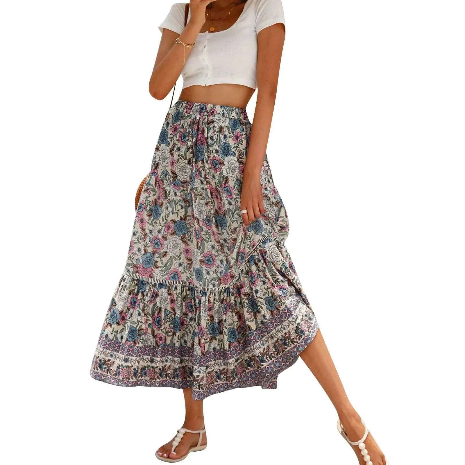 Women Long Skirt Elegant Elastic Waist Floral Flowy Summer Swing Skirt for Casual Daily