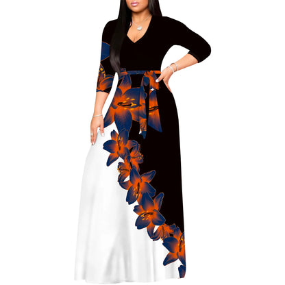 Floral V-Neck 3/4 Sleeve Wrap Maxi Dress with Belt - Women's Bold Elegant Party Evening Resortwear Date Night
