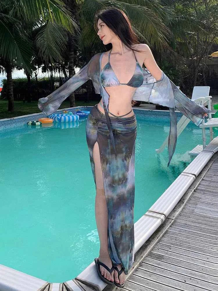 2025 Swimsuit Women's Sexy Bikini Four Piece Tie Dye Long Skirt Sexy European and American Slim Fit Hot Spring Vacation