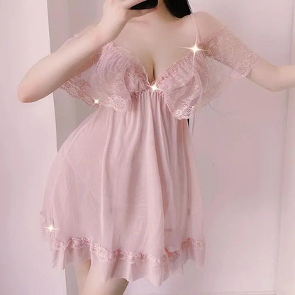 Sexy Sleepwear Women V-neck Nightgown Sexy Nightdress Lace Mesh Pajama Loungewear Summer Dress Nightwear Night Wear