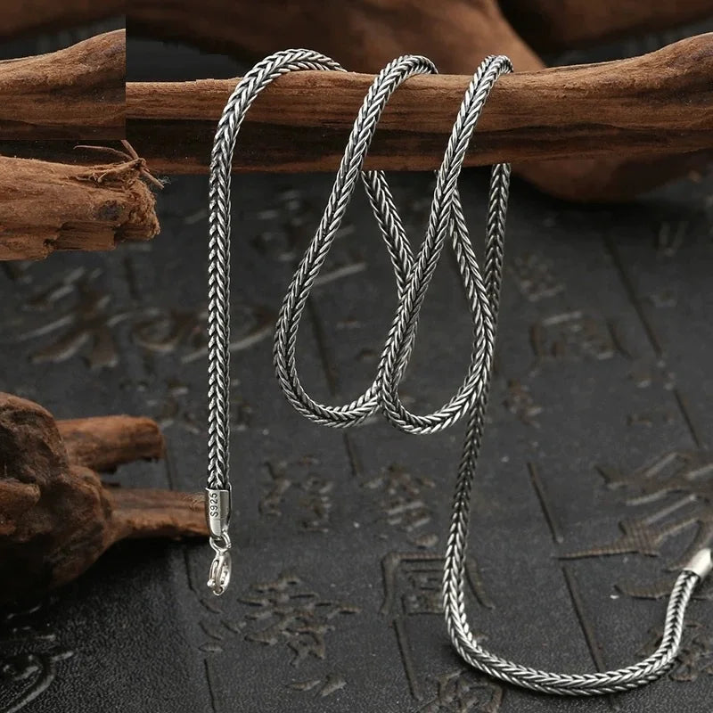 Real S925 Pure Silver Men's Necklace 1.6MM Foxtail Necklace for Men Individuality Vintage solid Silver Snake Bone Chain - AMULET RING STORE
