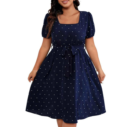 Plus Size Ladies Elegant Retro Polka Dot Waist Tie Square Neck Dress Classic Fashion Summer Short Sleeve Vacation A-line Skirt
