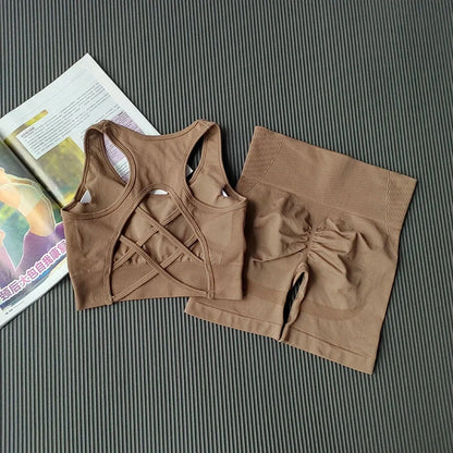 High Waist Seamless Fitness Suit Shockproof Sports Bra Women Quick-drying Training for Lifting Buttocks Three-point Shorts Sets