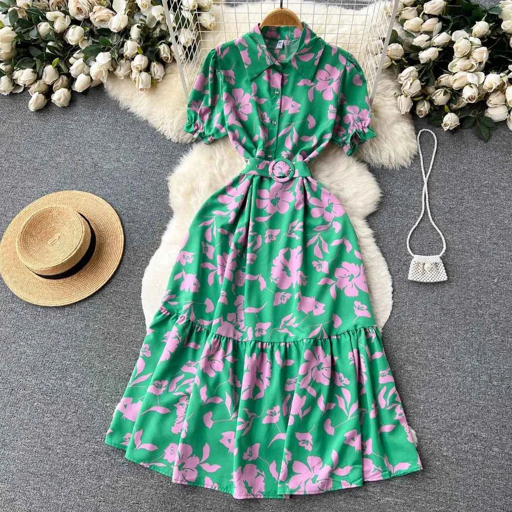 YuooMuoo Women Dress 2025 Summer Fashion Lady Elegant Vintage Floral Print Long Shirt Dress with Belt Vintage Party Robe Femme