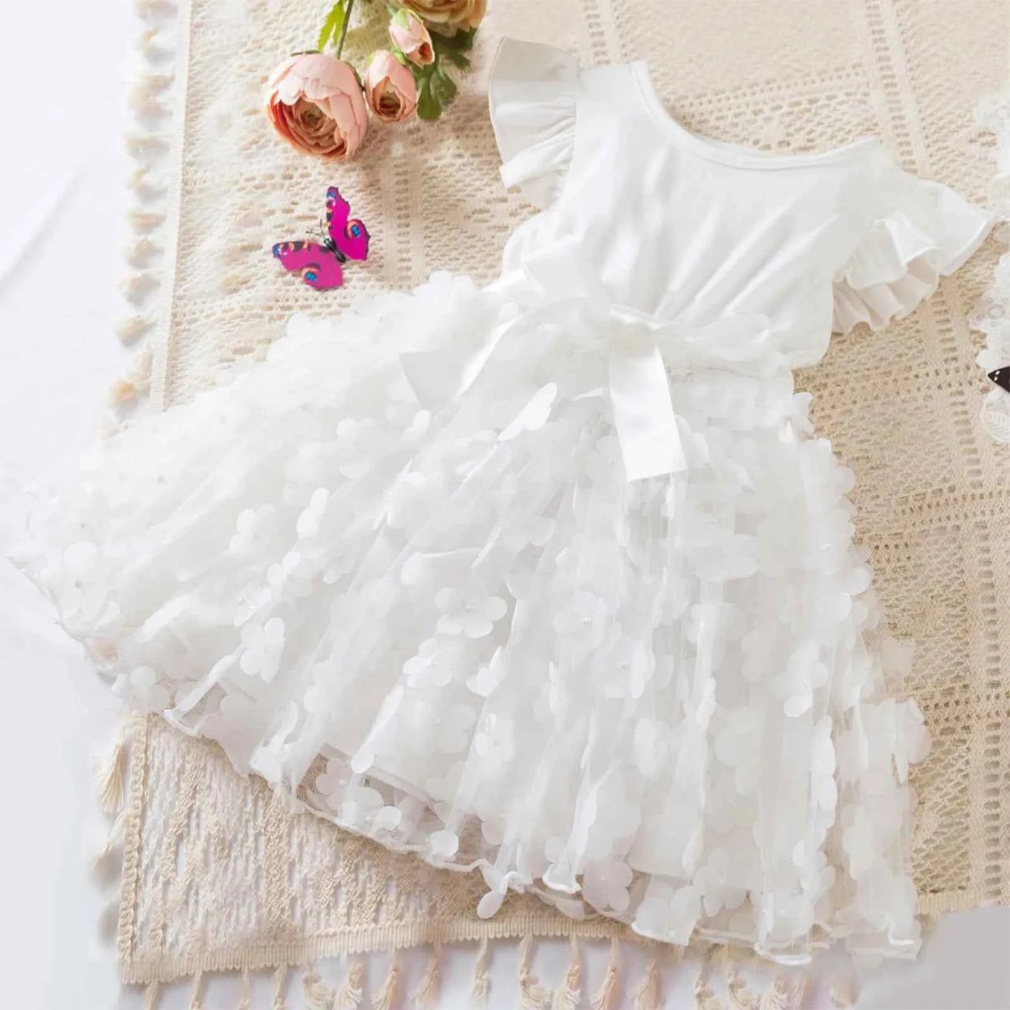 Toddler Baby Girls Clothes Elegant Floral Print Tulle Dress Summer Kids Princess Party Birthday Dress Butterfly Solid Mesh Dress