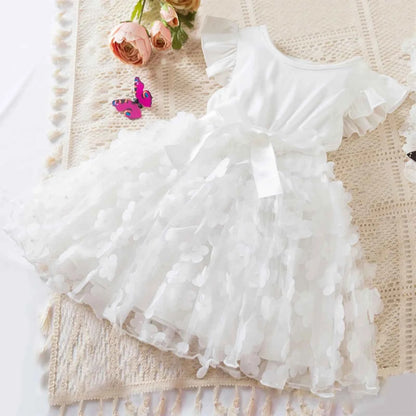 Toddler Baby Girls Clothes Elegant Floral Print Tulle Dress Summer Kids Princess Party Birthday Dress Butterfly Solid Mesh Dress