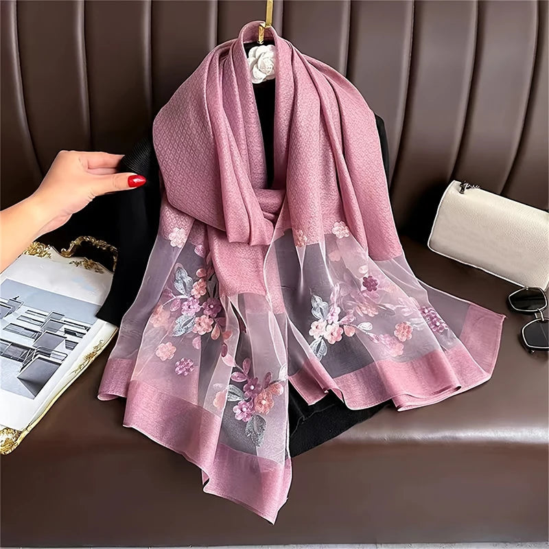 Women Silk Wool Scarf Floral Embroidery Hijab Female Foulard Spring Summer Thin Pashmina Shawls Wraps Bufanda Headscarf Stoles - AMULET RING STORE