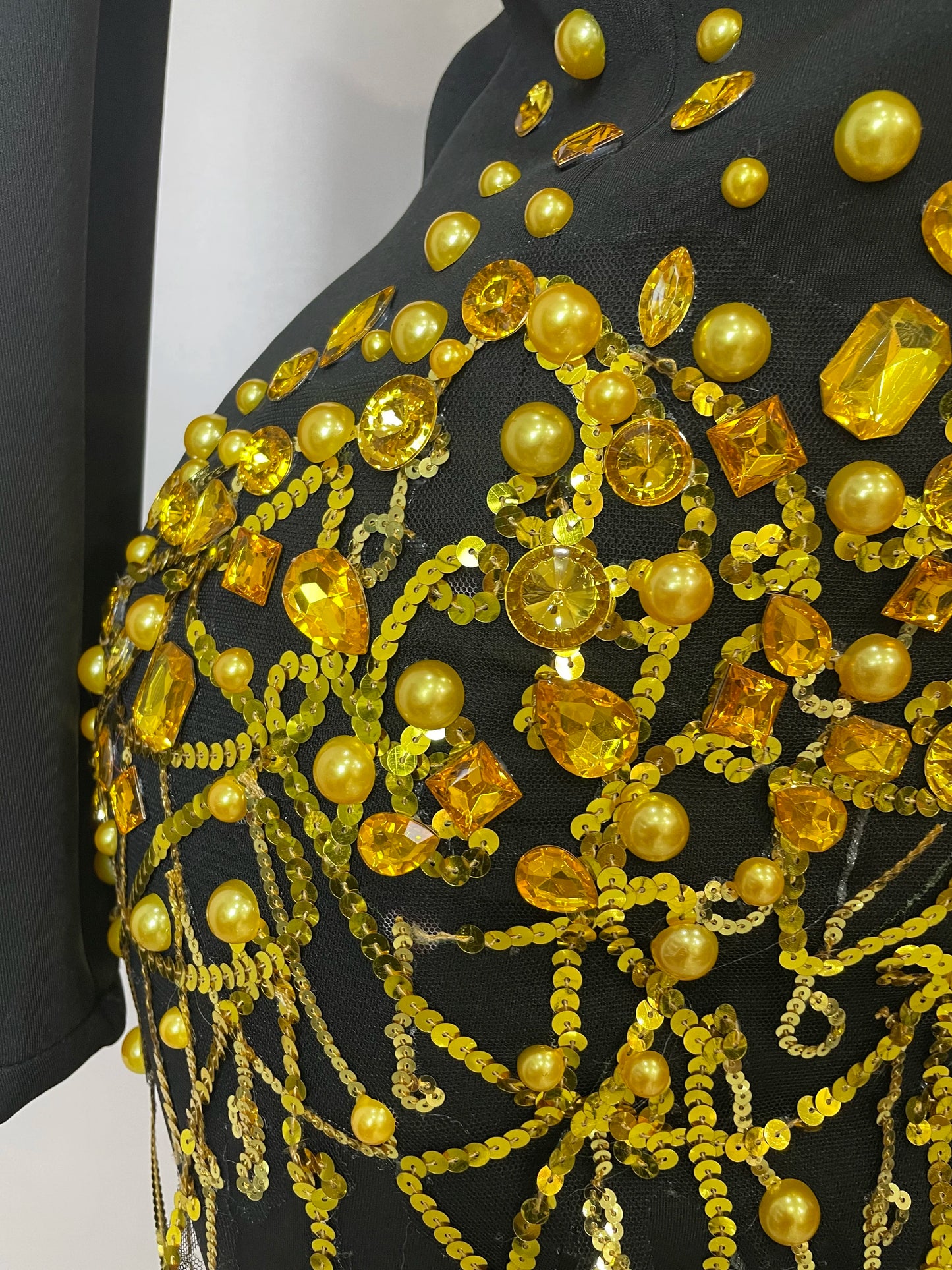 Sparkly Crystal Chains Pearls Long Sleeve Mini Dress 2025 Women Birthday Evening Party Nightclub Outfit Singer Wedding Costume - AMULET RING STORE