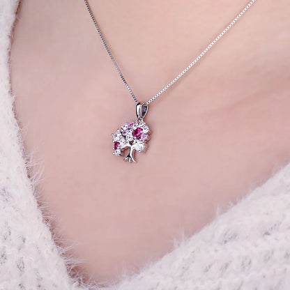 JewelryPalace Life Tree Created Ruby 925 Sterling Silver Pendant Necklace for Women Statement Gemstone Jewelry Choker No Chain