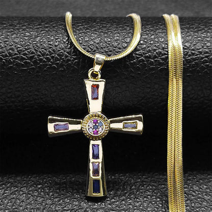 Shiny Hip Hop Zircon Cross Pendant Necklace for Women Stainless Steel Crystal Choker Christian Necklaces Jewelry cruz colgante