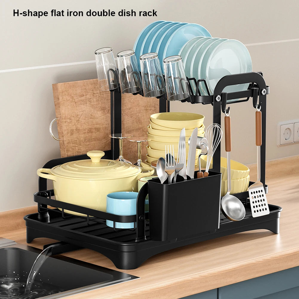 New 360° rotating storage rack double-layer kitchen tableware drying rack with drain tableware storage rack for tableware - AMULET RING STORE