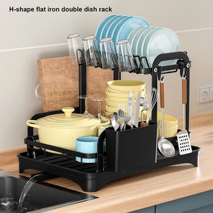 New 360° rotating storage rack double-layer kitchen tableware drying rack with drain tableware storage rack for tableware - AMULET RING STORE
