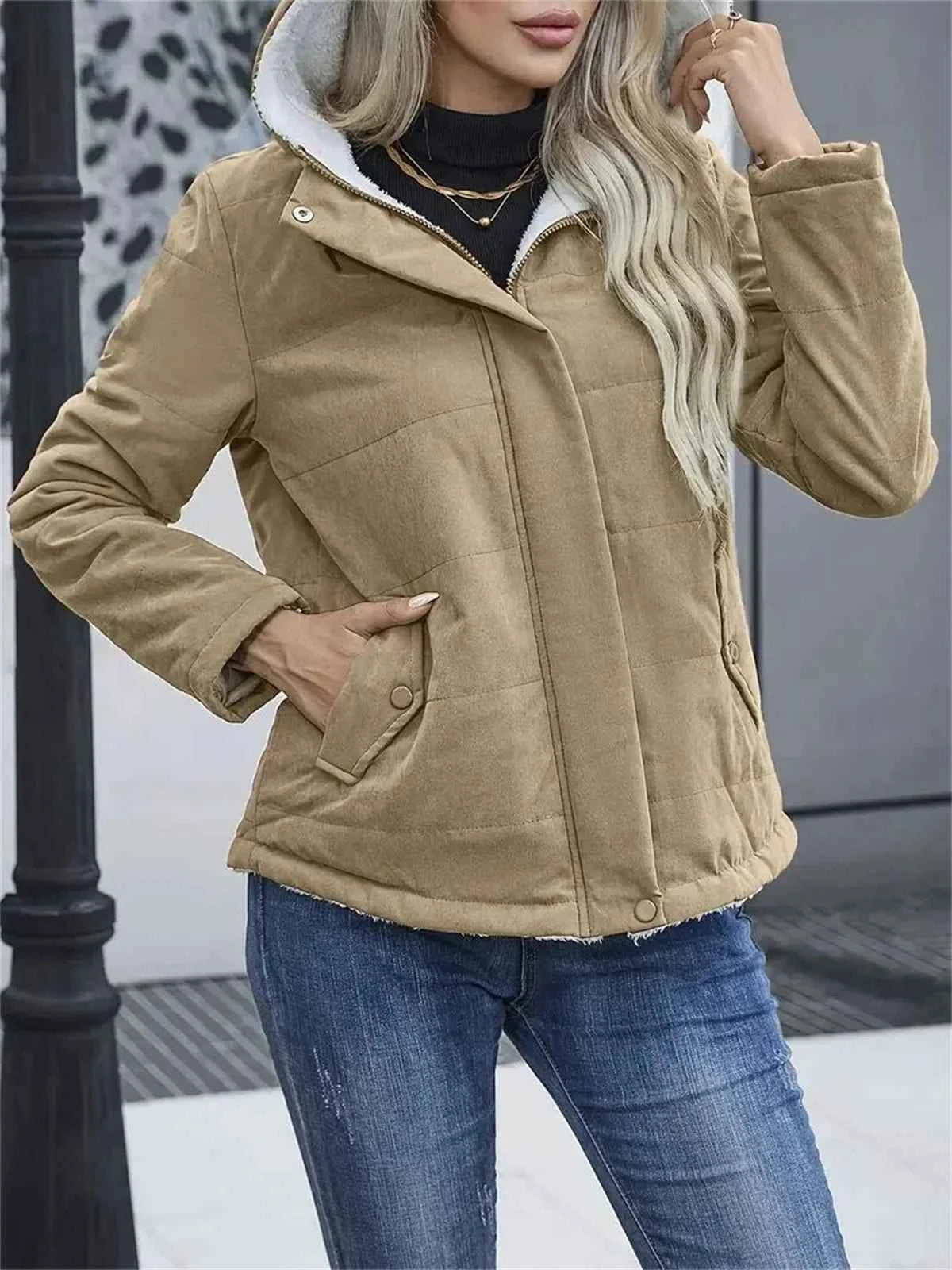 Women Autumn Winter Padded Coat Zip Up Long Sleeve Korean Hooded Jacket Fashion Solid Warm Clothes Casual Outfit Coats Street