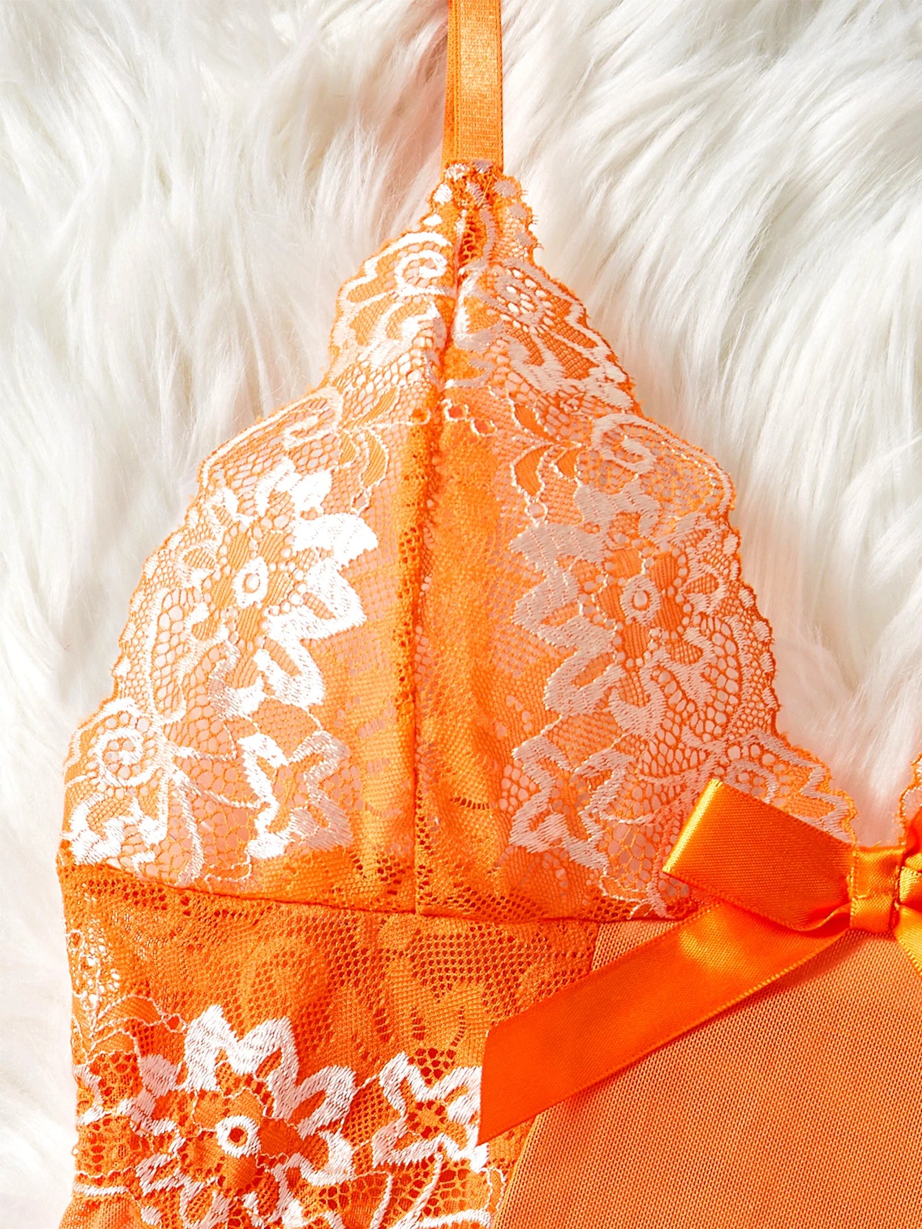 Exquisite Orange Lace See Through Sleepwear Thin Deep V Neck Halter Nightdress And Thong Summer Pajama Sets Sexy Adult Lingerie - AMULET RING STORE
